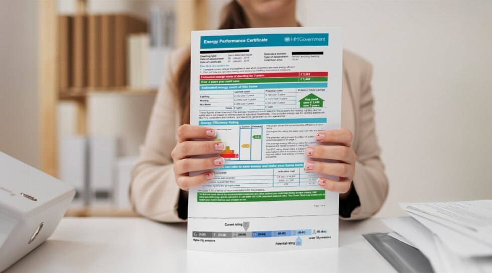 EPC Rating Meaning What Is An Energy Efficiency Rating   Woman Holding Energy Performance Certificate 980x545 