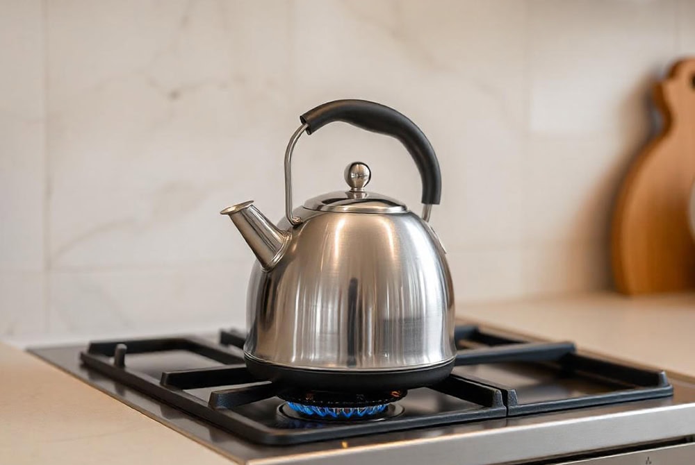 Stainless steel kettle on gas stove