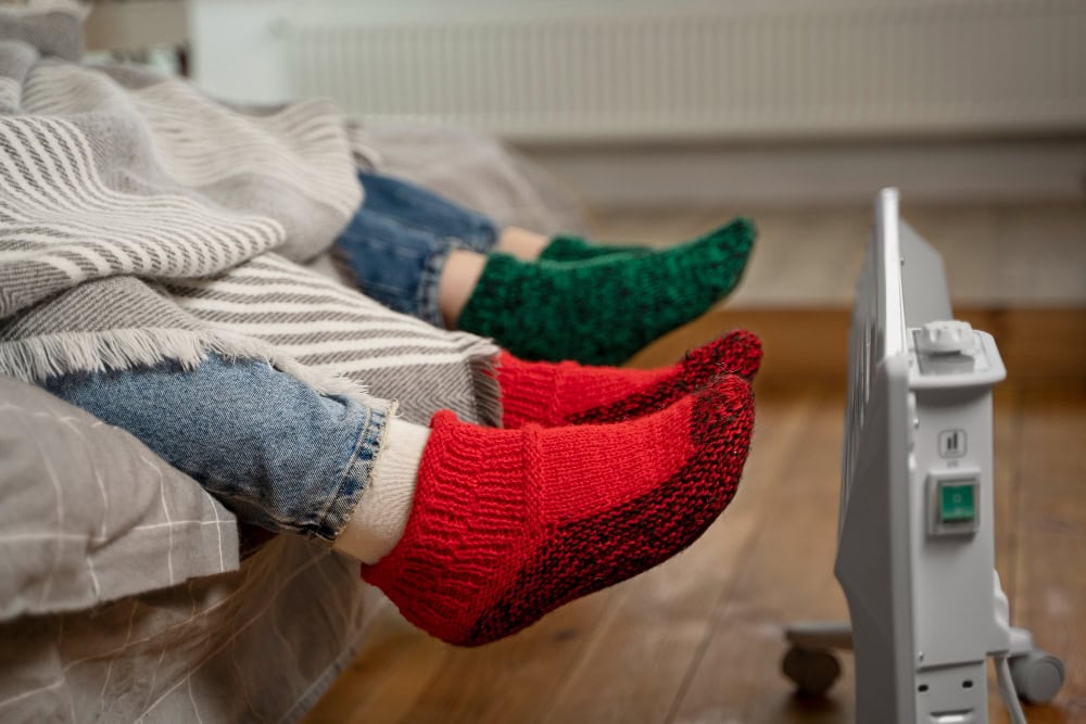 Feet in woollen socks kept warm by heater.